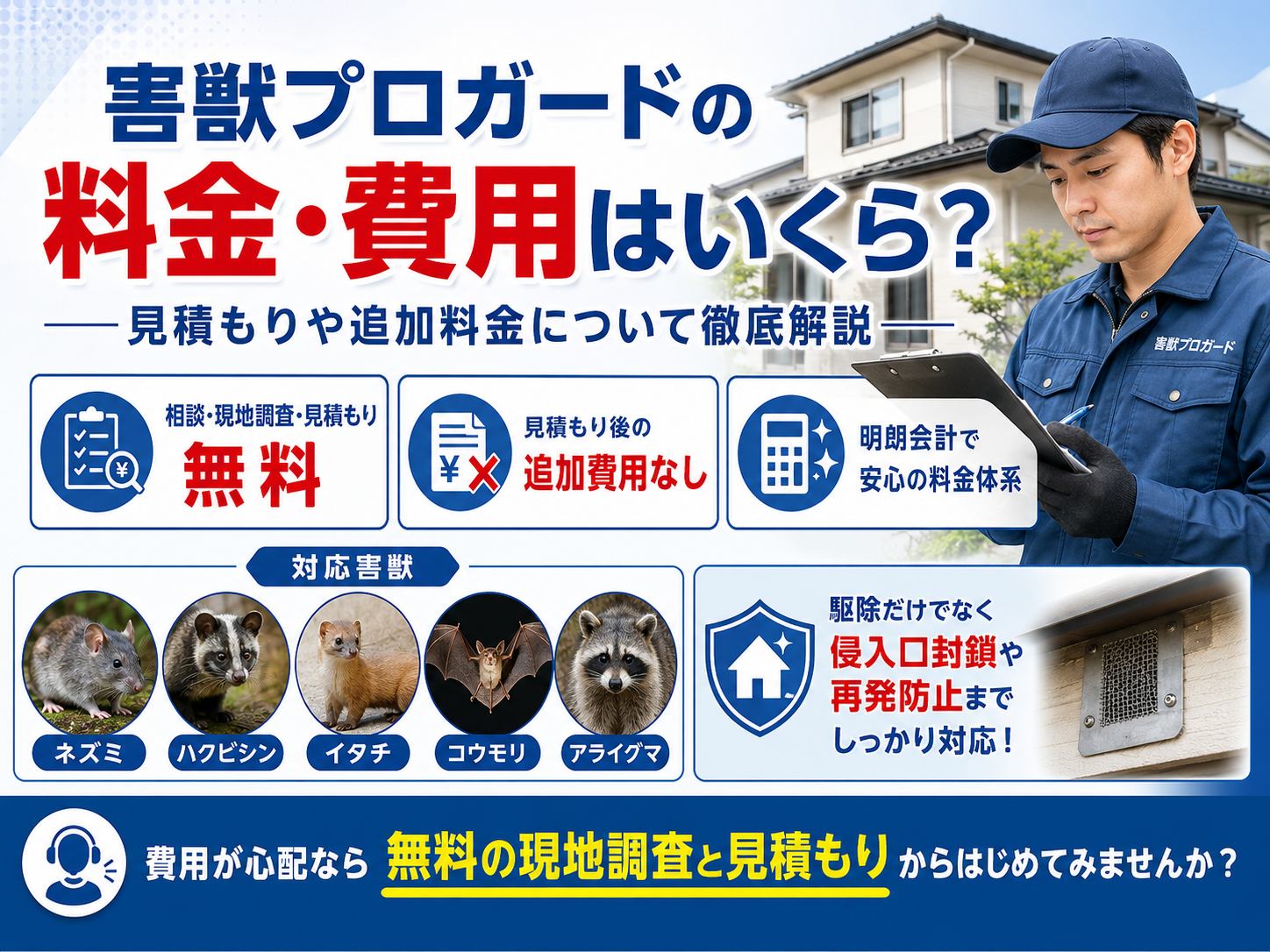 害獣プロガードの料金・費用と無料見積もり・追加料金について解説する画像
